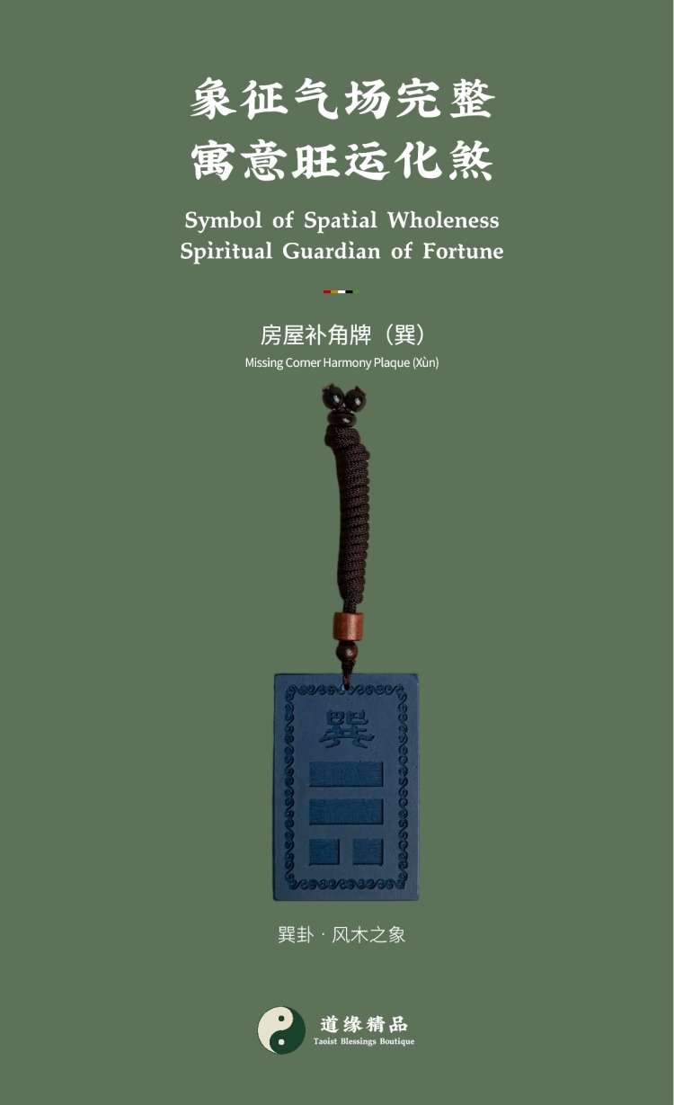 风水摆件整体展示:巽卦或巽宫房屋补角牌特写。图文包含主标题「象征气场完整 寓意旺运化煞」、副标题「房屋补角牌(巽)」。对应家中生肖属龙、属蛇者,以及大女儿(长女)。Overall display of Feng Shui ornament: Close-up of the Xùn trigram or Xùn palace Missing Corner Harmony Plaque. Image text includes the main title "Symbol of Spatial Wholeness Spiritual Guardian of Fortune" and the subtitle "Missing Corner Harmony Plaque (Xùn)". Corresponding to family members with the Dragon or Snake zodiac signs, as well as the eldest daughter.